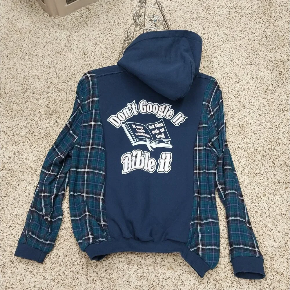 3228 Size XL Gildan Got Questions Upcycled Hoodie, In Blue, Purple and White. - Picture 4 of 8